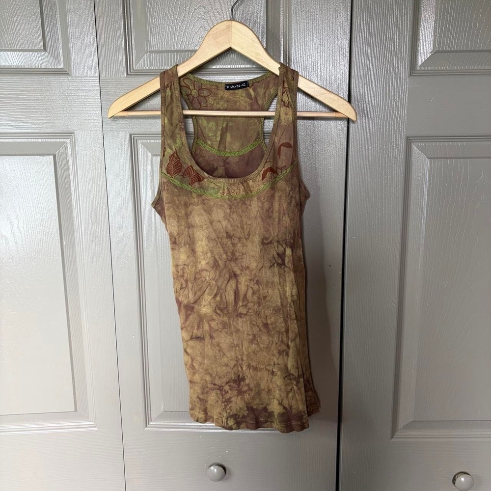 Fang Y2K Cami Tank Top Womens Small Brown Green Tie Dye Floral Boho Ribbed Scoop